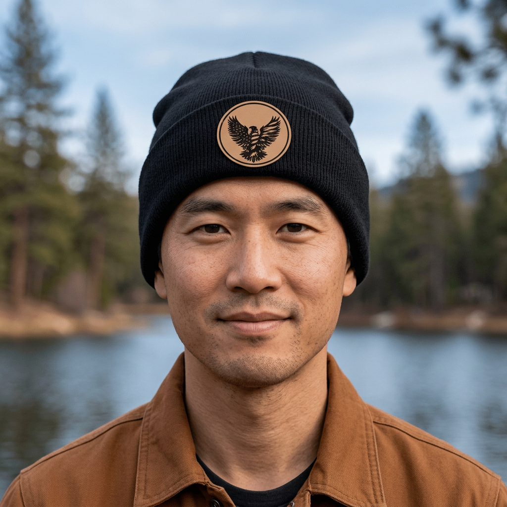 Black knit beanie with round patch featuring an eagle emblem