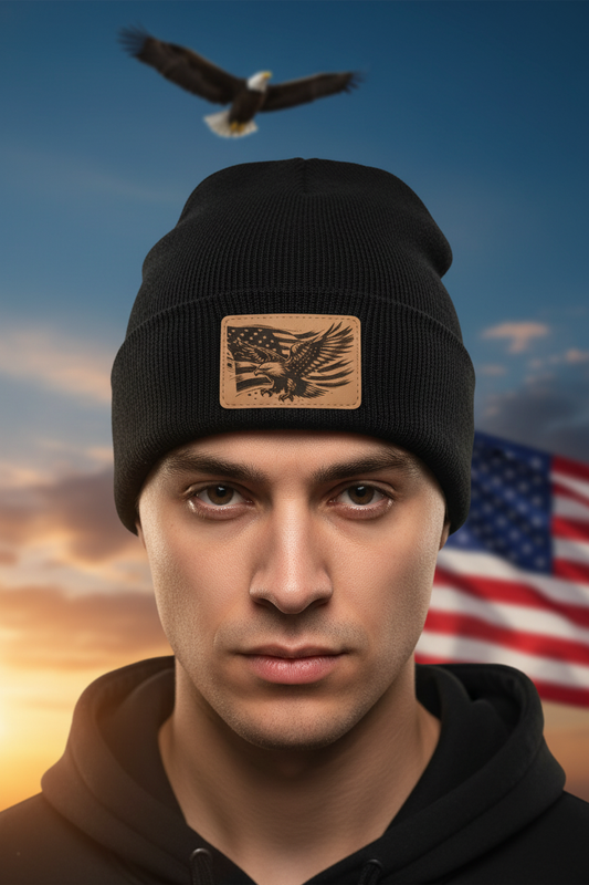 American Flag with Eagle leatherette patch beanie worn by model outdoors with bold patriotic backdrop – Keeko Designs