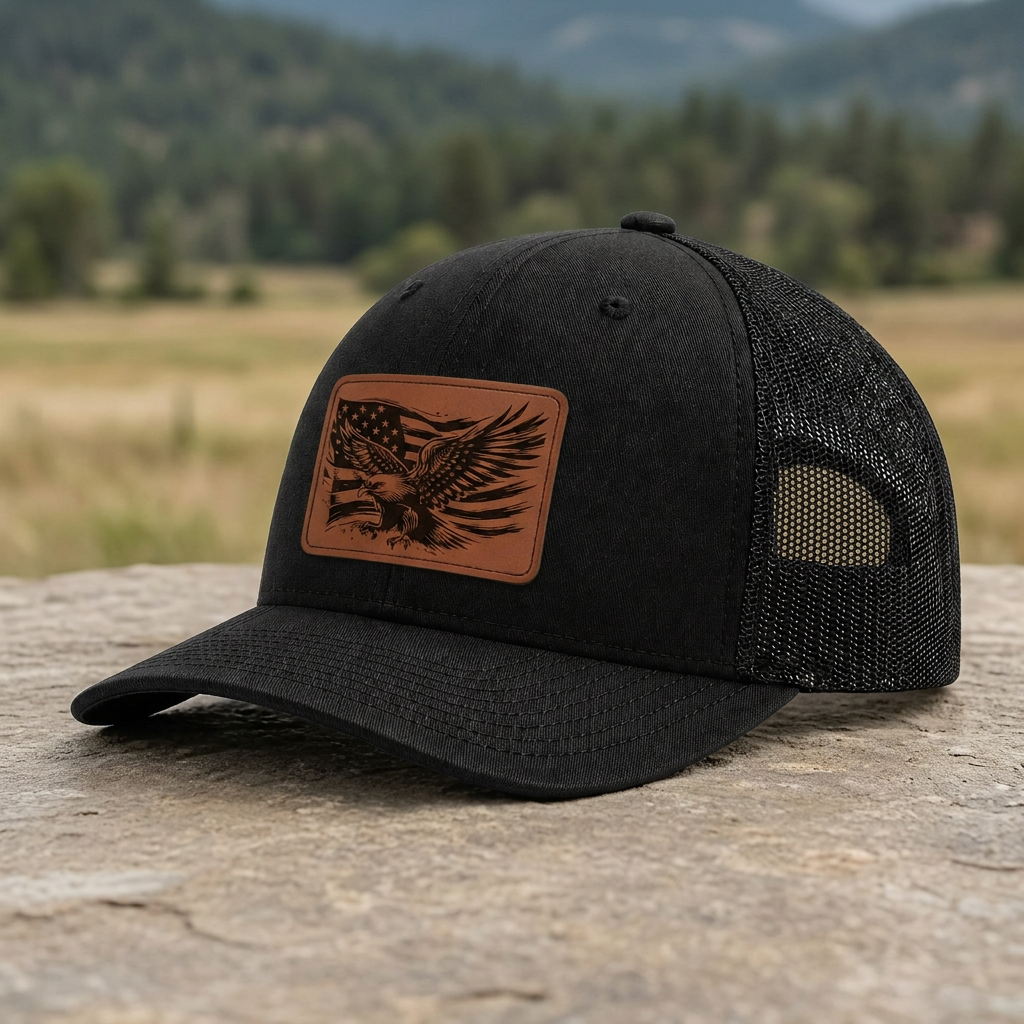 Black mesh-back trucker hat with brown rectangular eagle patch, side profile