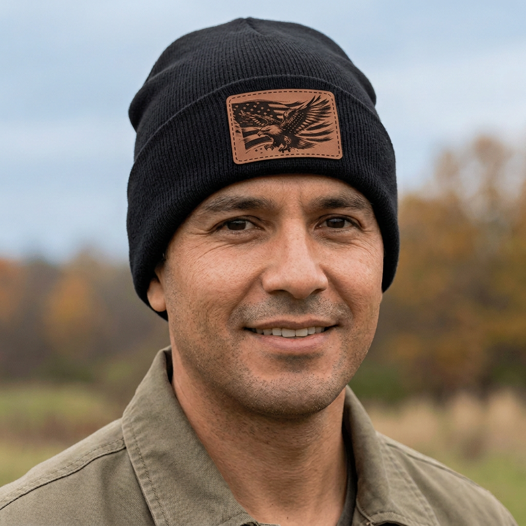 Black knit beanie with eagle patch front