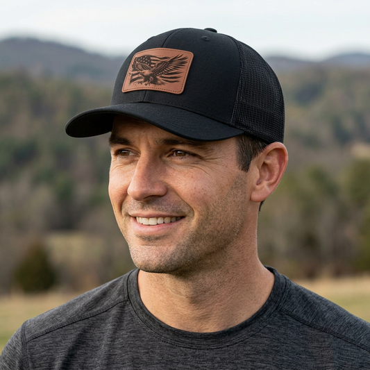 Black trucker hat with brown eagle patch and curved brim, mesh back