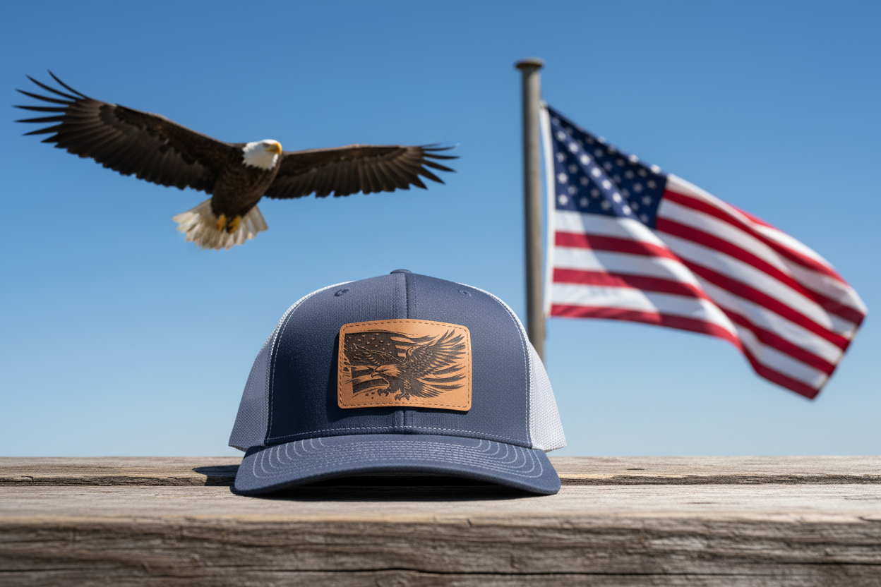 Blue and white trucker hat with tan eagle American flag patch on front