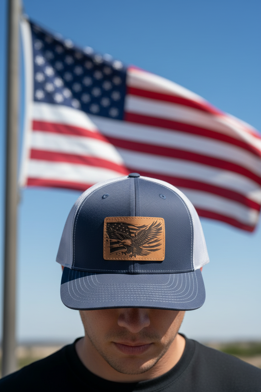 Navy trucker hat with rectangular eagle American flag patch, curved brim