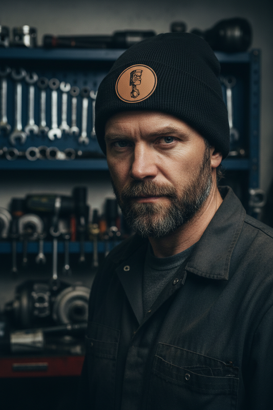 Angry Piston leatherette patch beanie worn by model outdoors at automotive garage setting – Keeko Designs