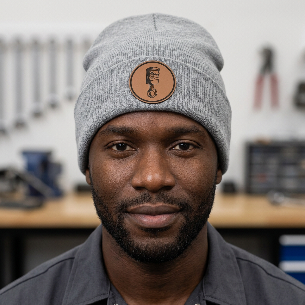 Heather gray beanie with Angry Piston character patch
