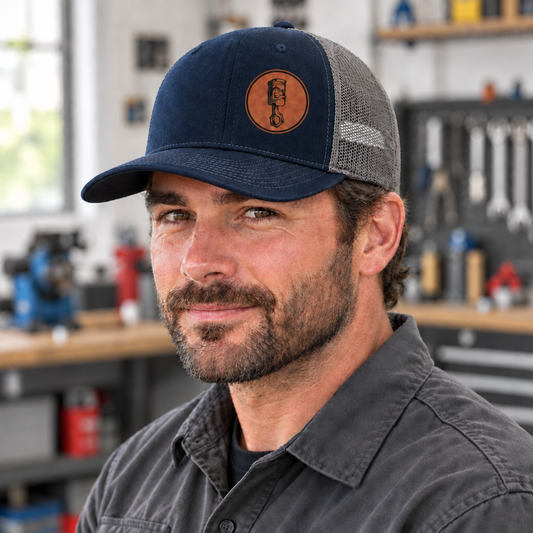 Navy front trucker hat with gray mesh back and round angry piston patch