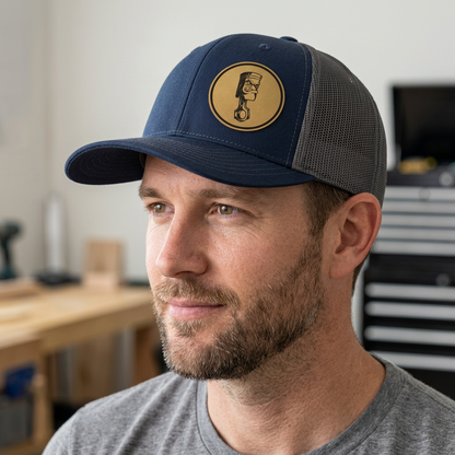 Navy trucker hat with round angry piston patch and black mesh side panels