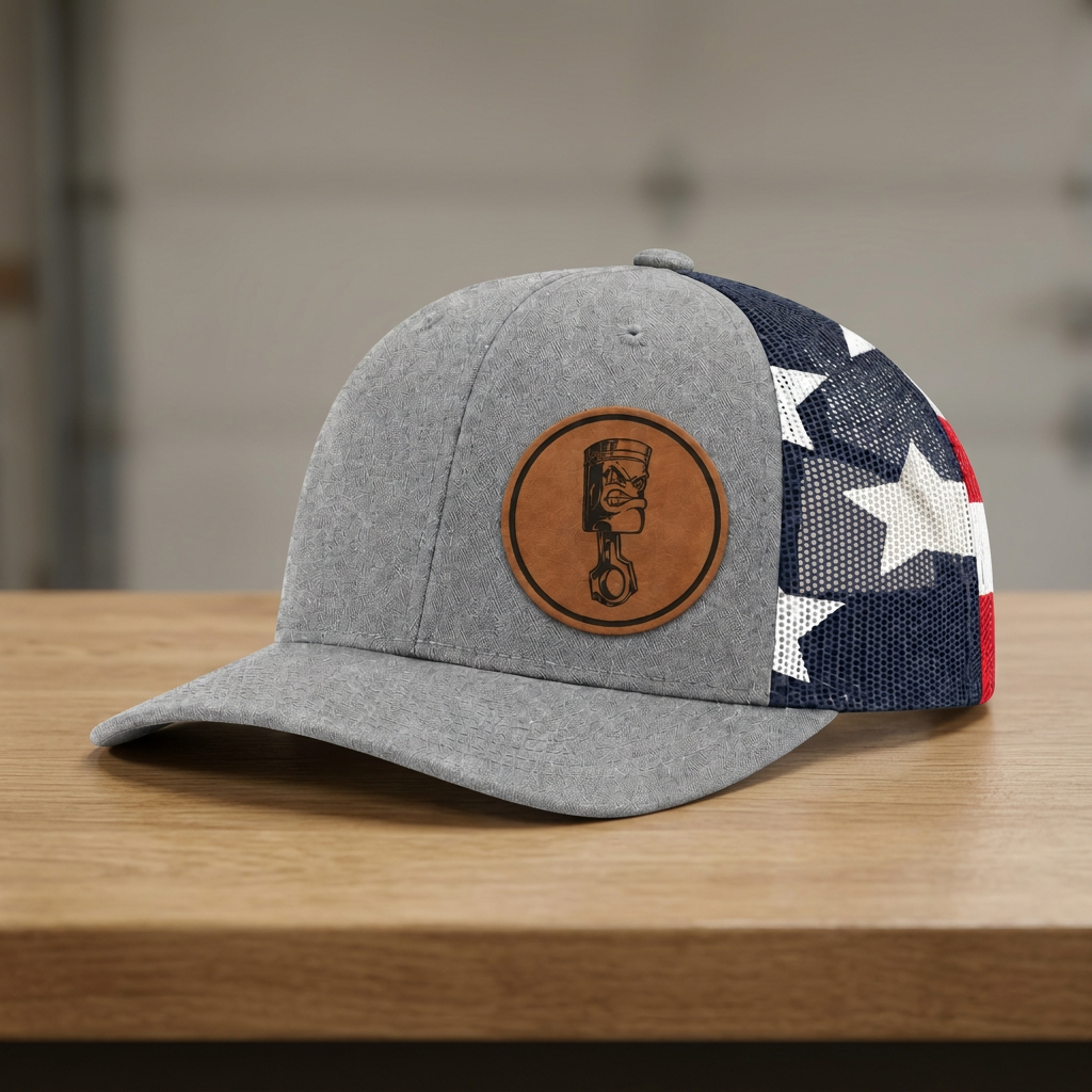 Gray trucker hat with round angry piston patch and star-pattern mesh side panel