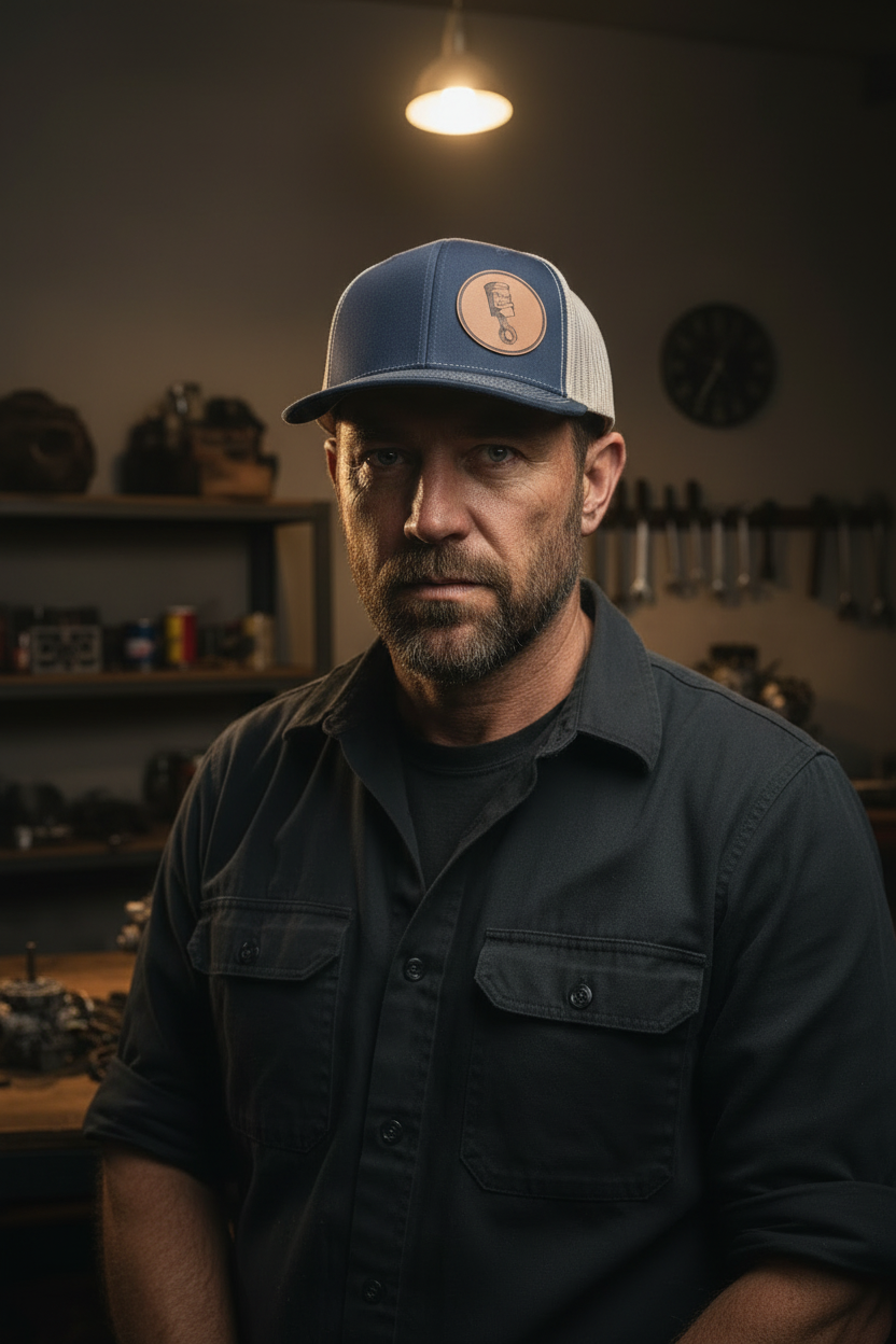 Navy trucker hat with round patch featuring an angry piston graphic