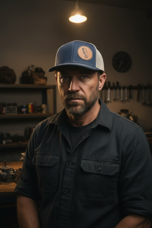 Angry Piston leatherette patch trucker hat worn by model outdoors at automotive garage setting – Keeko Designs