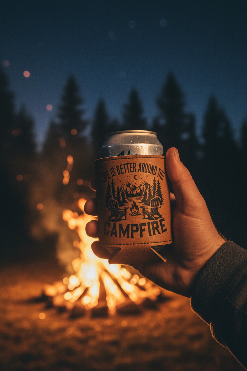 Leatherette can cooler with campfire quote design, held in a hand