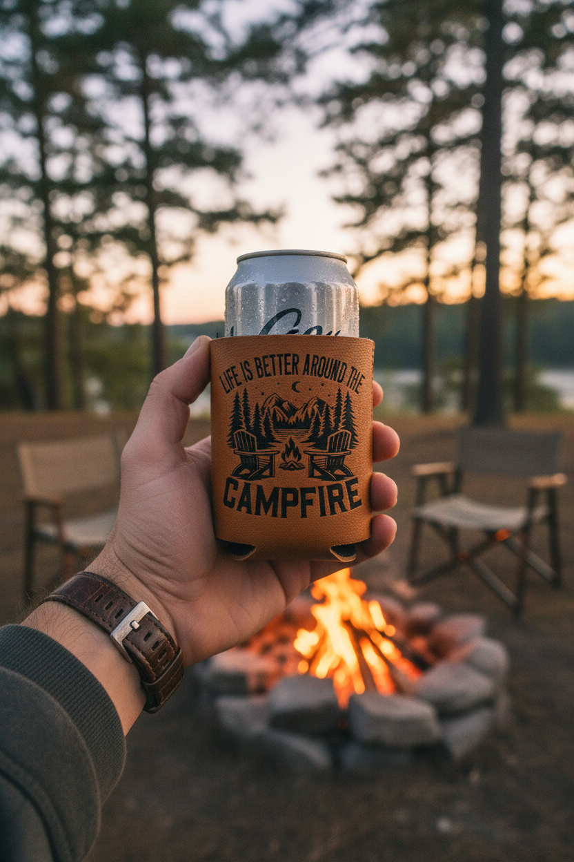 Leatherette can cooler with campfire graphic and quote text