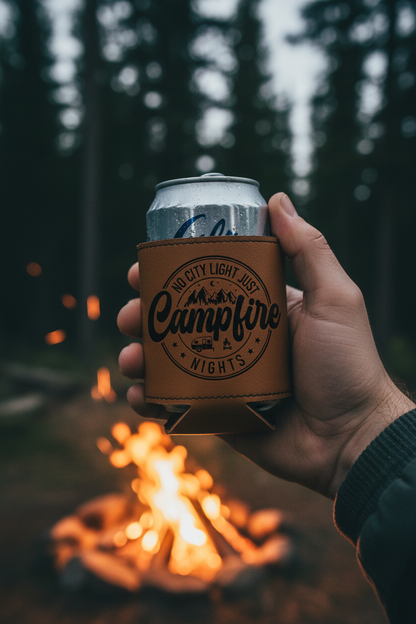 Brown leatherette can cooler with Campfire Nights circular logo, hand holding