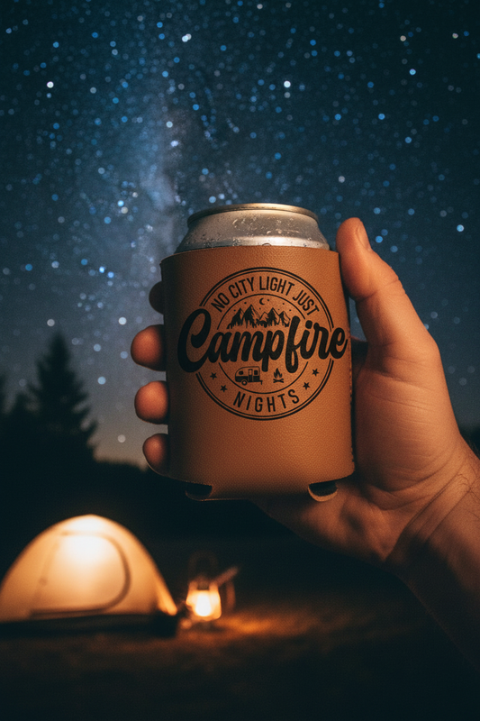 Brown leatherette can cooler with Campfire Nights circular logo, held in hand