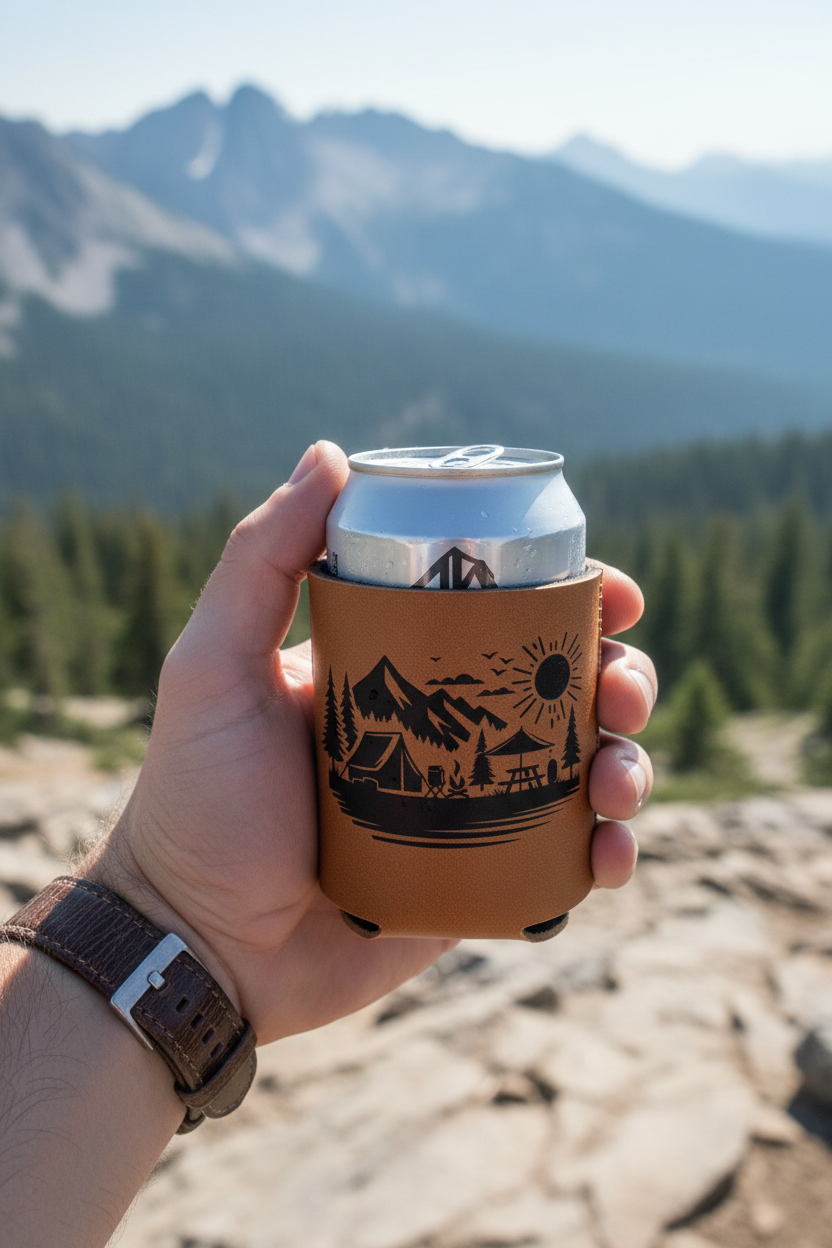 Leatherette can cooler, brown with mountain campsite graphic, holds a soda can