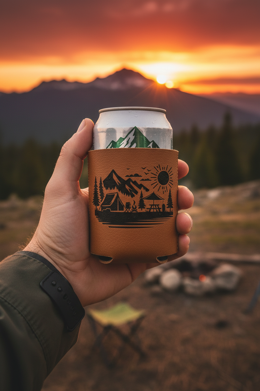 Leatherette can cooler, brown with mountain campsite graphic, grips a soda can