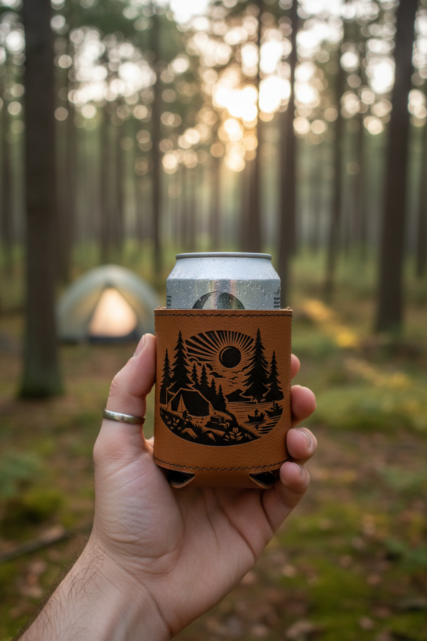 Brown leatherette can cooler with camping tent graphic and round top opening