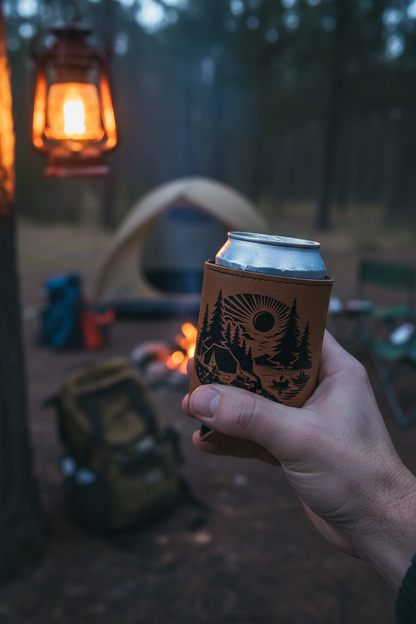 Brown leatherette can cooler with camping tent scene, held outdoors by hand