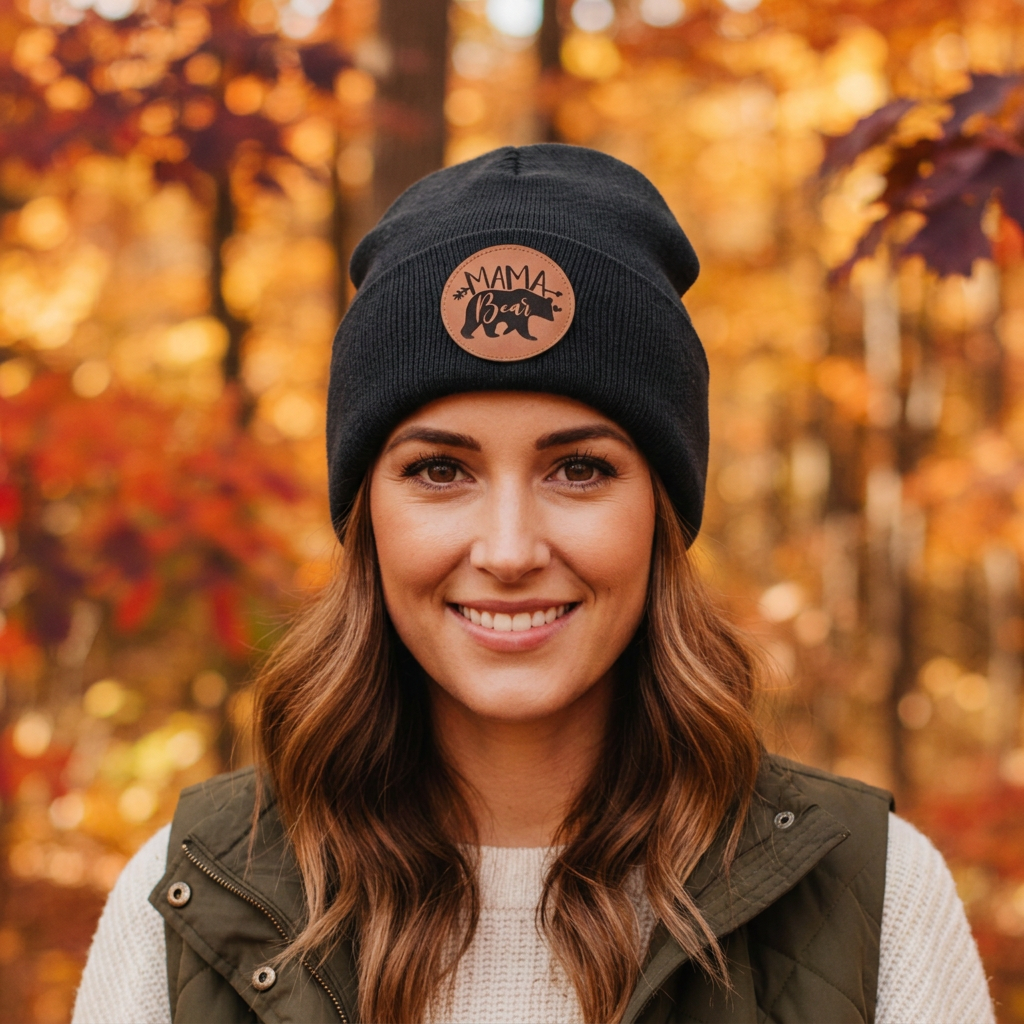 Black knit beanie with brown round Mama Bear patch