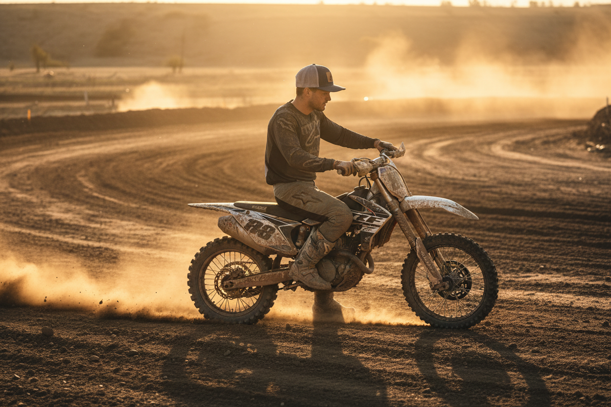 Trucker hat with dirt bike patch worn with a motocross rider in an outdoor dirt track