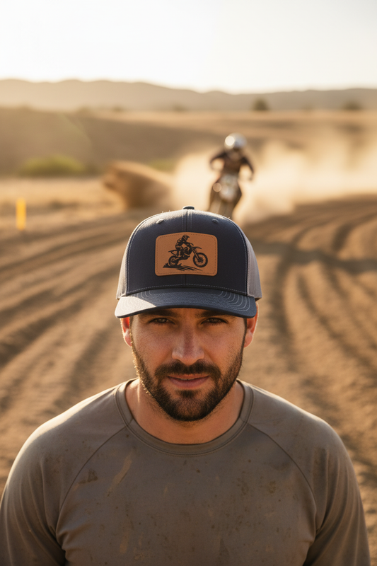 Dirt Bike leatherette patch trucker hat worn by model outdoors at motocross trail with dirt bike in background – Keeko Designs