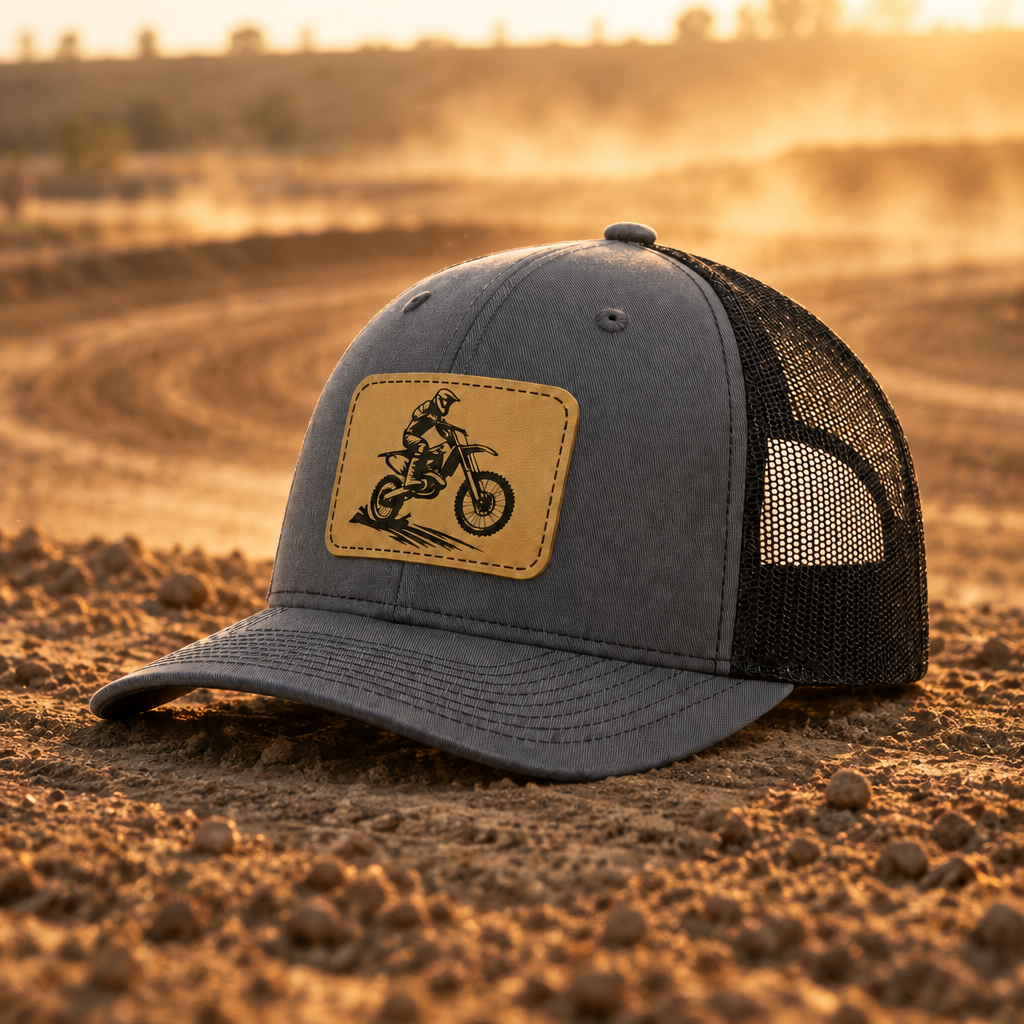 Gray trucker cap with front tan dirt bike patch and black mesh back