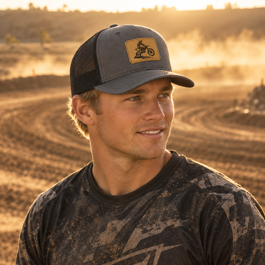 Gray trucker hat with tan patch featuring a dirt bike graphic