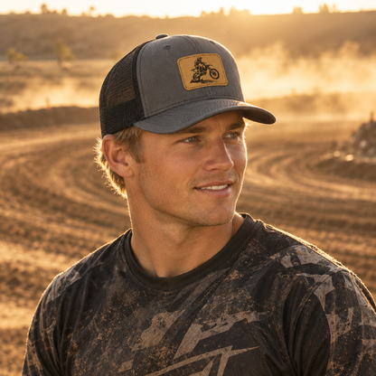 Gray trucker hat with tan patch featuring a dirt bike graphic