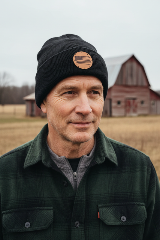 Distressed American Flag leatherette patch beanie worn by model outdoors with patriotic backdrop – Keeko Designs