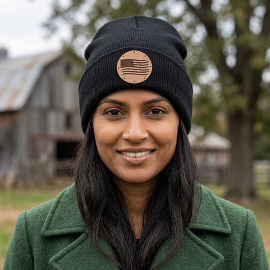 Dark heather grey knit beanie with distressed American flag patch logo