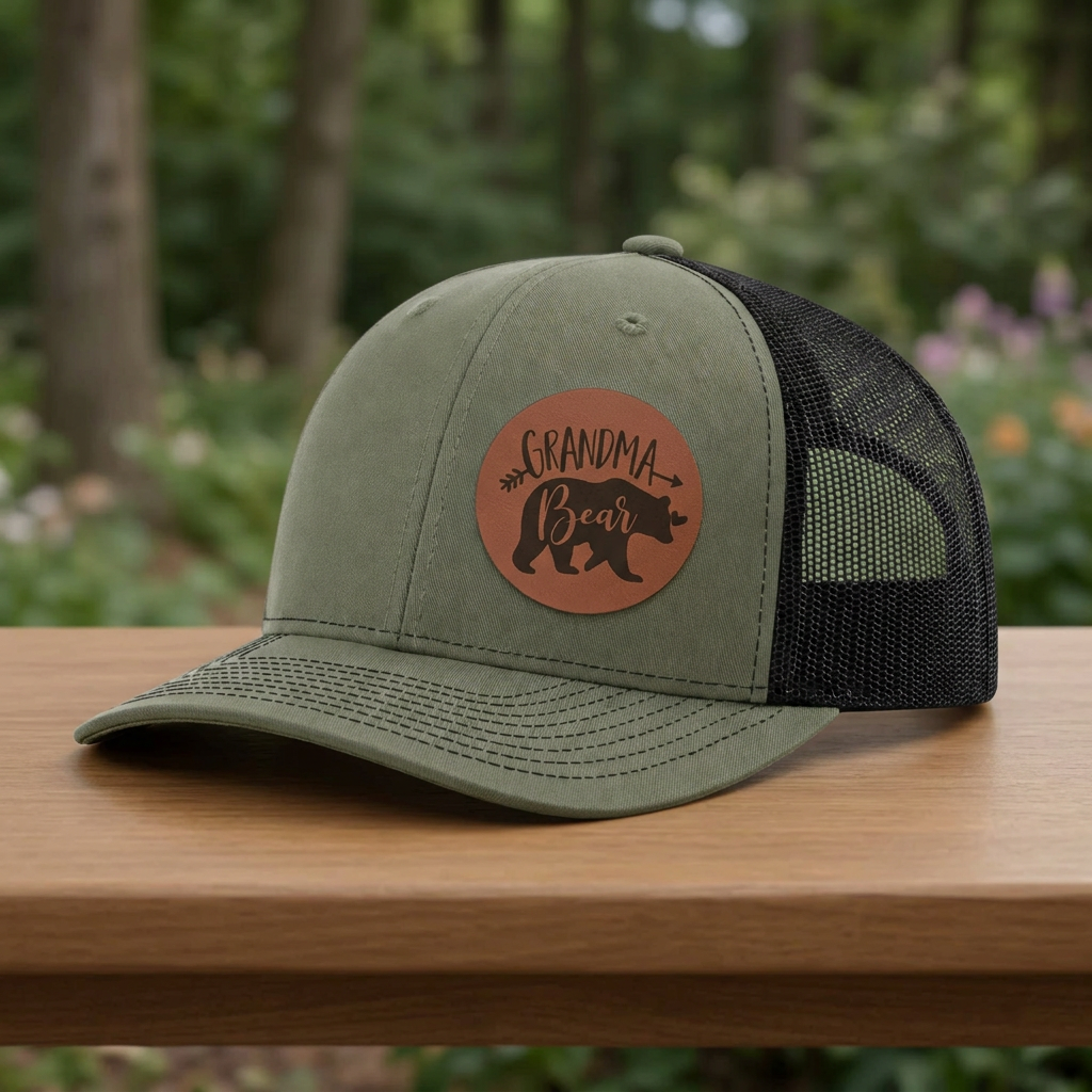 Olive trucker cap with circular Grandma Bear patch and black mesh back