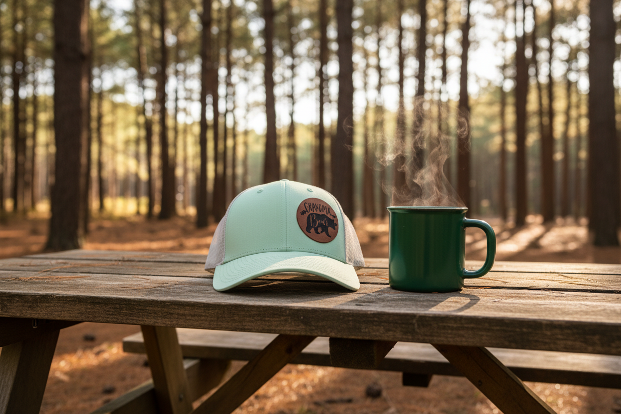 Mint green trucker hat with front Grandma Bear patch