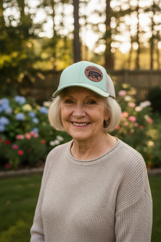 Grandma Bear leatherette patch trucker hat worn by model outdoors in Michigan forest setting – Keeko Designs