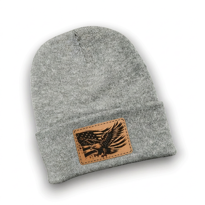 Dark heather gray knit beanie with rectangular eagle patch
