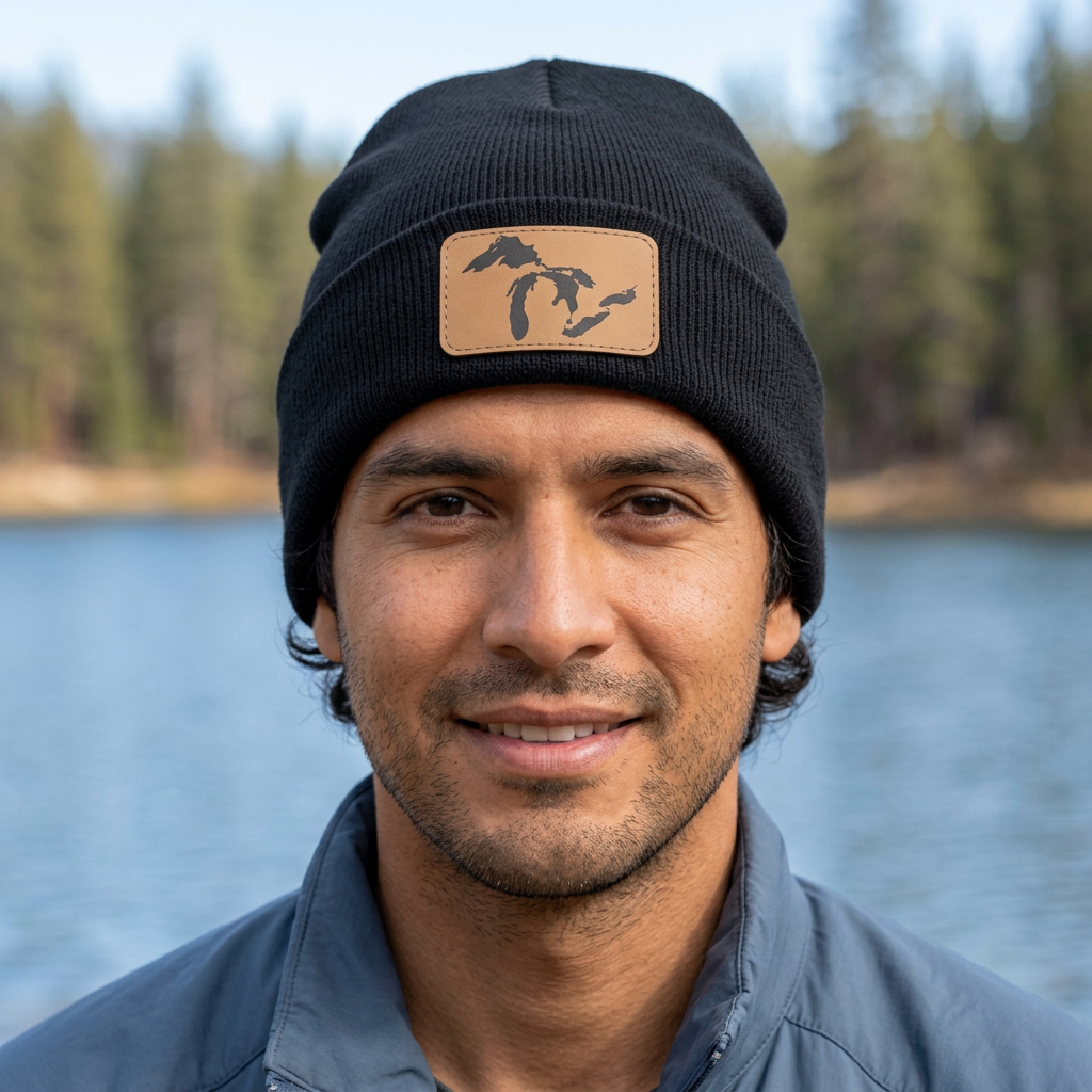 Black knit beanie with rectangle patch featuring Michigan Great Lakes silhouette