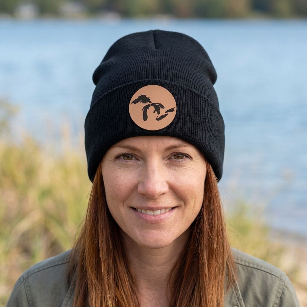 Black knit beanie with a circular patch logo