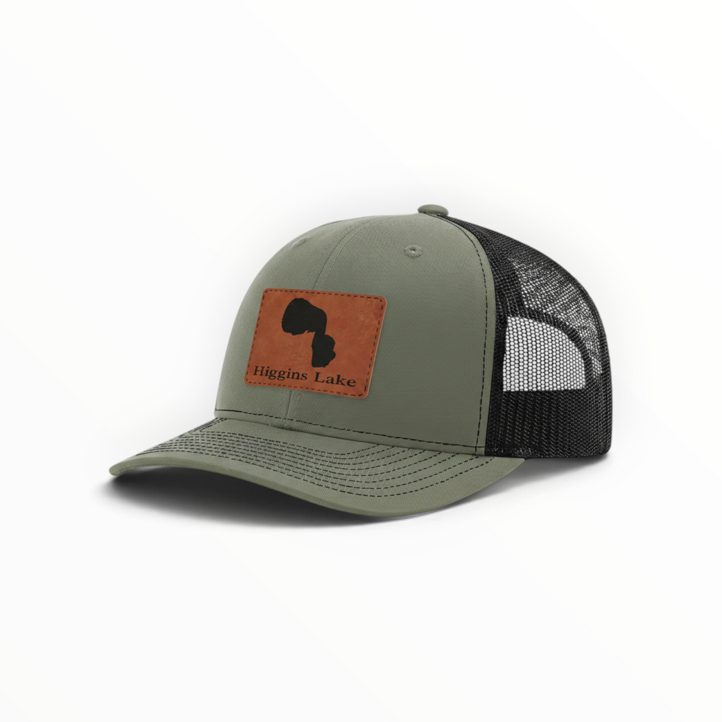 Trucker hat with brown Higgins Lake patch, olive front and black mesh back.