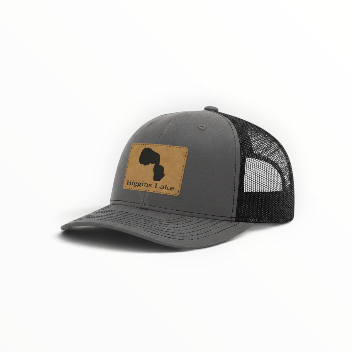 Gray trucker hat with Higgins Lake patch and black mesh back, curved brim