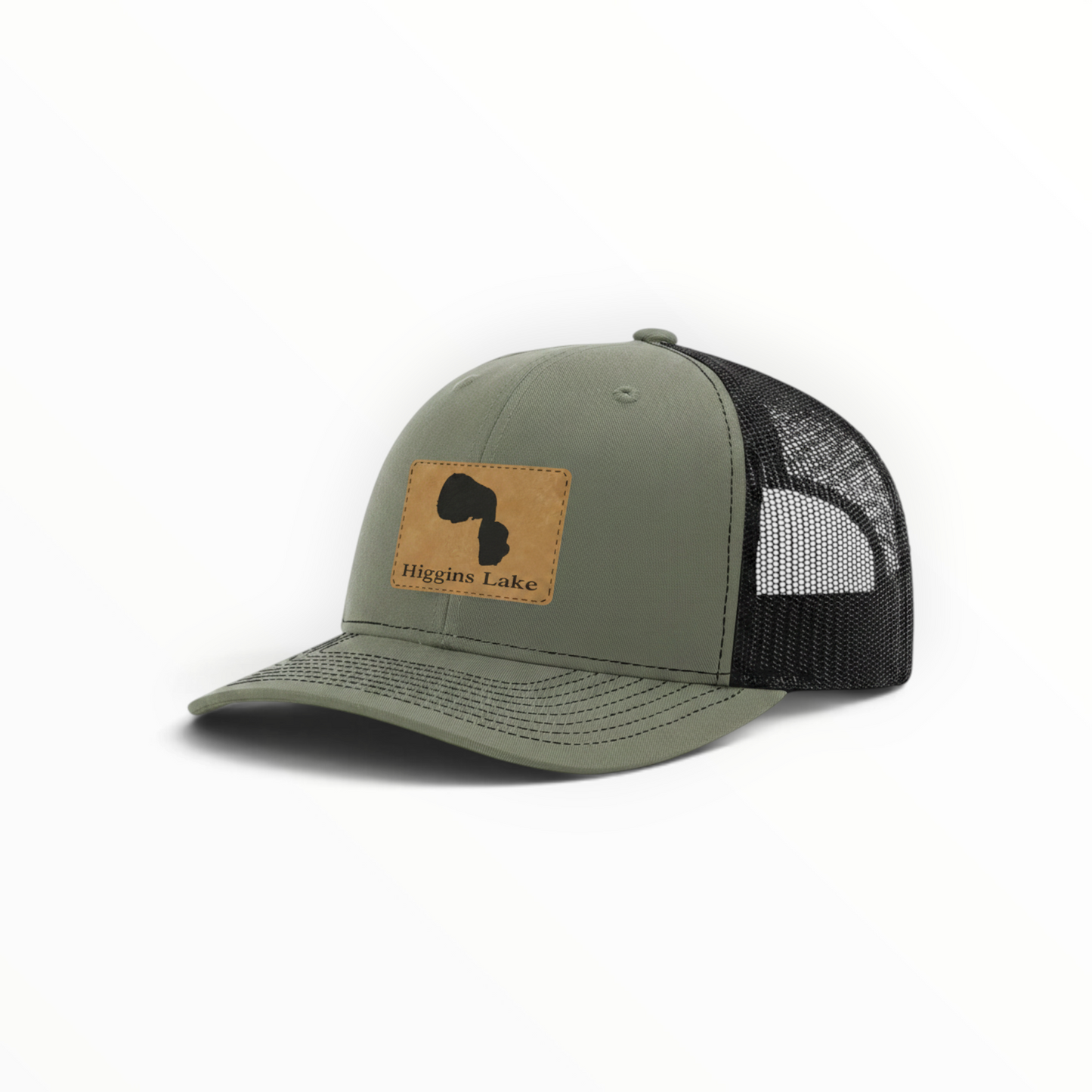Olive green trucker hat with Higgins Lake patch and black mesh back, curved brim
