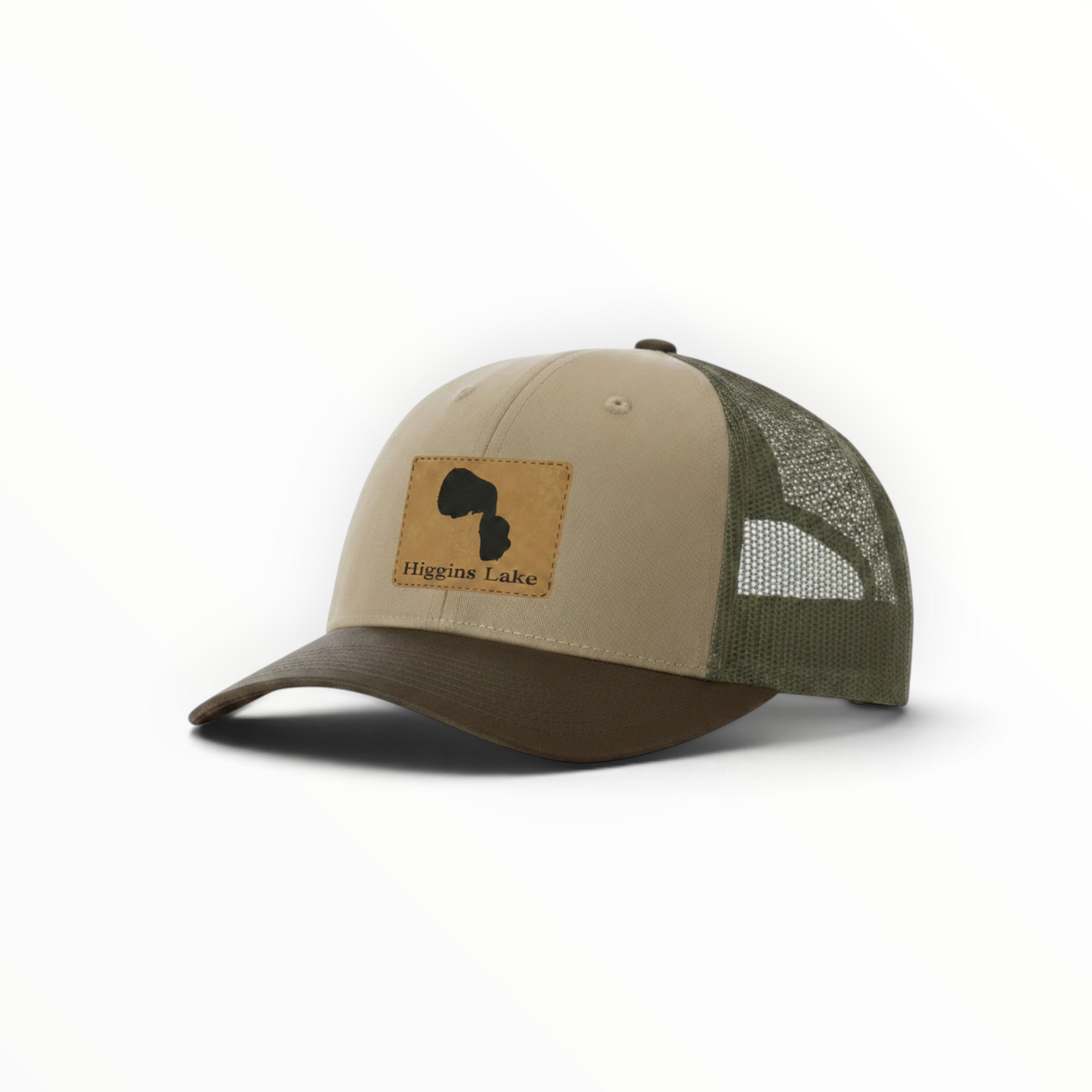 Tan trucker hat with Higgins Lake patch and dark green mesh back, curved brim