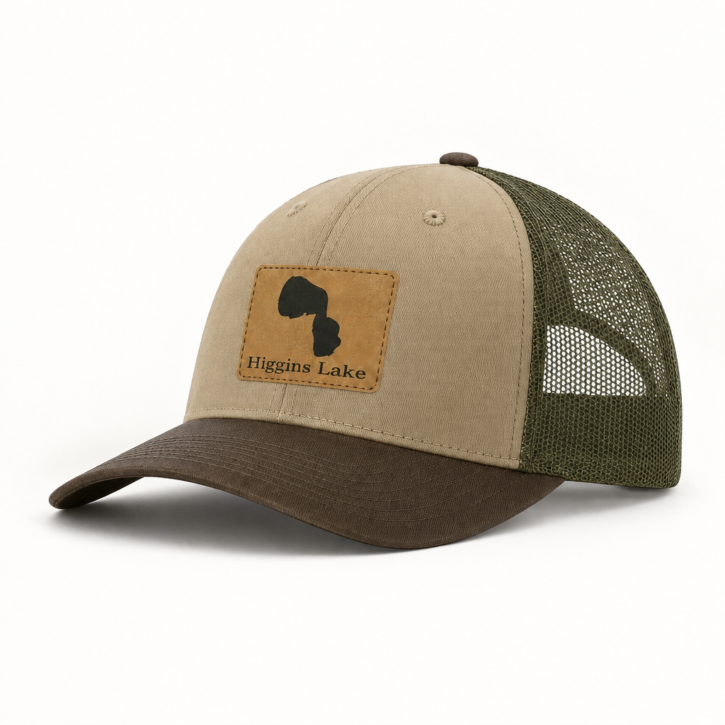 Tan trucker hat with olive-green mesh back and brown patch with black state silhouette