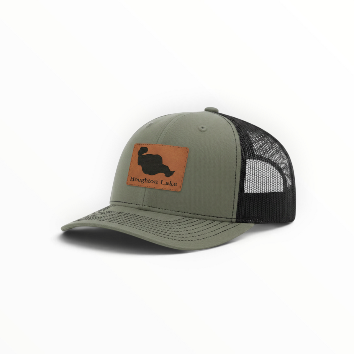Trucker hat in olive with tan Houghton Lake patch and black mesh back