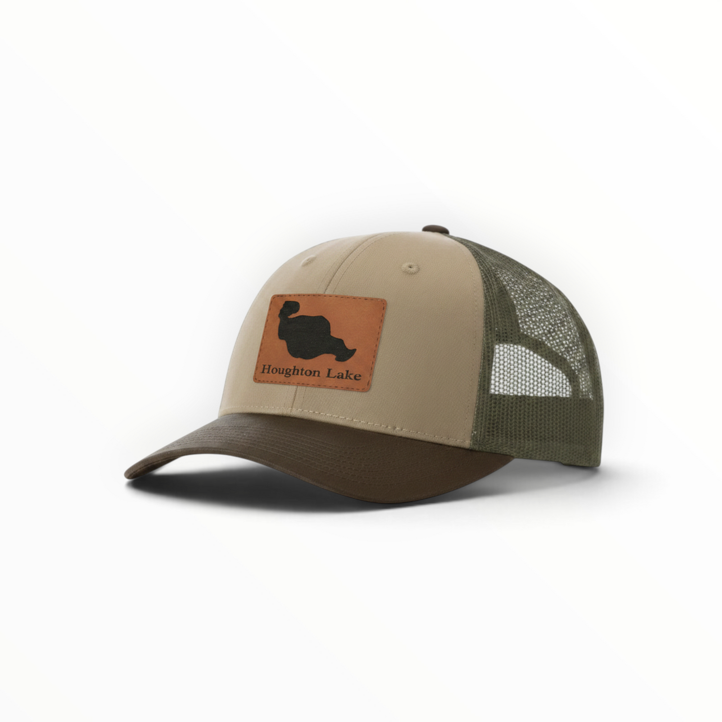 Beige trucker cap with olive mesh back, tan Houghton Lake patch on front