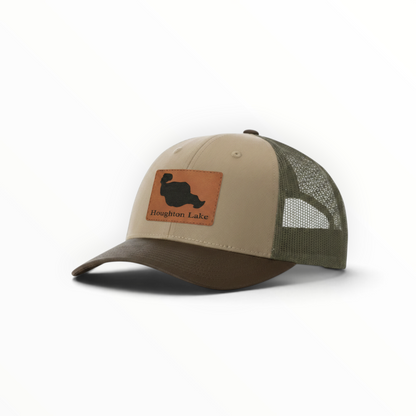 Beige trucker cap with olive mesh back, tan Houghton Lake patch on front