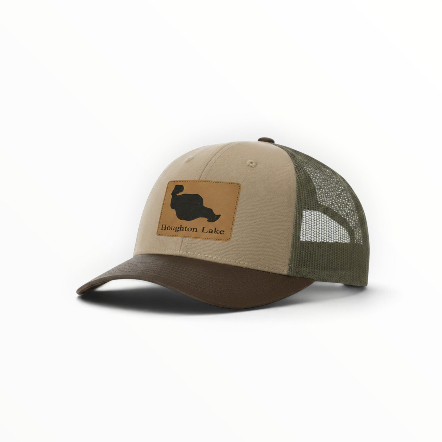 Beige trucker cap with olive mesh back, tan patch with Houghton Lake silhouette