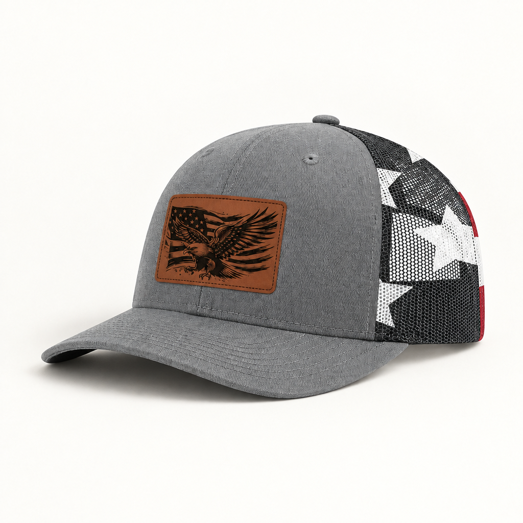 Grey trucker hat with eagle American flag patch and black-and-white star mesh sides