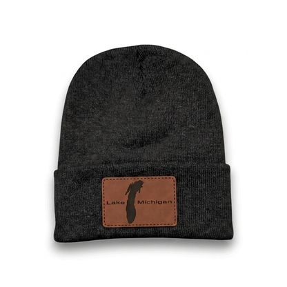 Black heather beanie with brown leather-style Lake Michigan patch