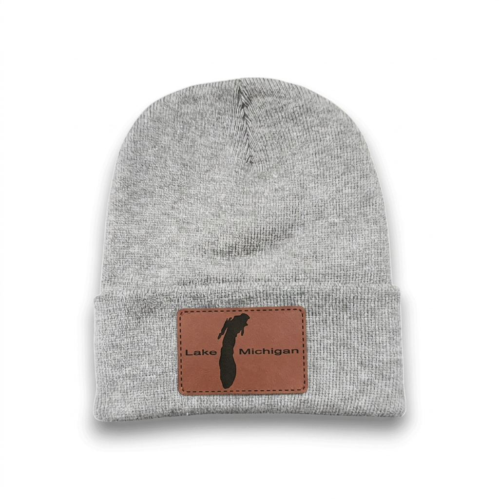 Dark heather grey beanie with brown leather-style Lake Michigan patch