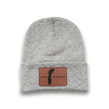 Dark heather grey beanie with brown leather-style Lake Michigan patch