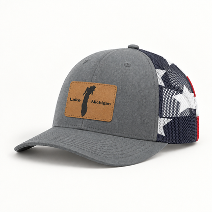 Gray trucker hat with Lake Michigan patch and star-pattern mesh back